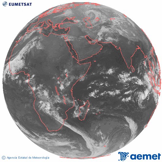 Ocano ndico. Imagen global del canal infrarrojo (10.8μm) de Meteosat, perteneciente a la serie MSG (Meteosat Segunda Generacin) y situado en 41.5° E. dimanche, 14 dcembre  2025 04:00