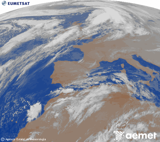 Imatge de la zona d'Europa i Nord d'frica del canal infraroig del satllit Meteosat operacional en 0N 0W, processada per a donar-li color. diumenge, 14 de desembre  2025 06:00