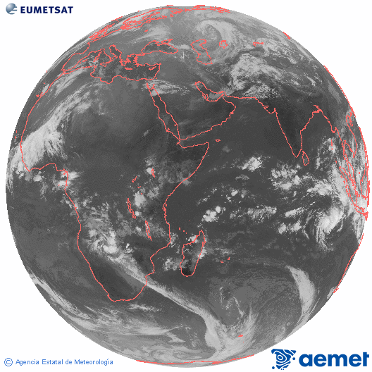 Ocano ndico. Imagen global del canal infrarrojo (10.8μm) de Meteosat, perteneciente a la serie MSG (Meteosat Segunda Generacin) y situado en 41.5° E. dimanche, 14 dcembre  2025 07:00