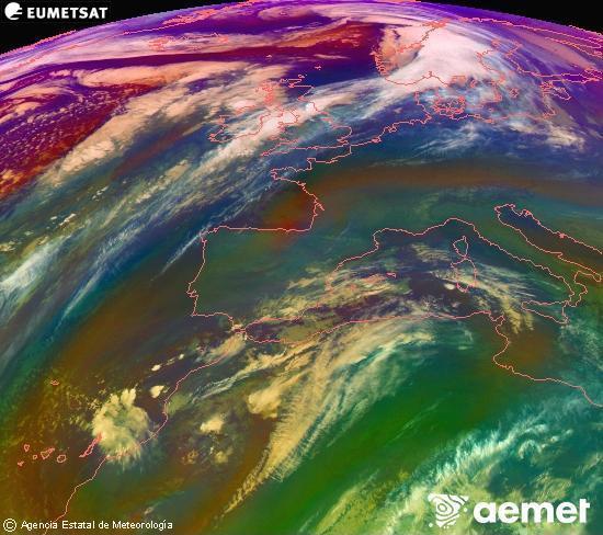 Composicin RGB na que se mesturan varias canles do satlite Meteosat operacional en 0 N 0 W, que nos d unha idea das caractersticas das masas de aire e da nebulosidade. domingo, 14 decembro  2025 09:00