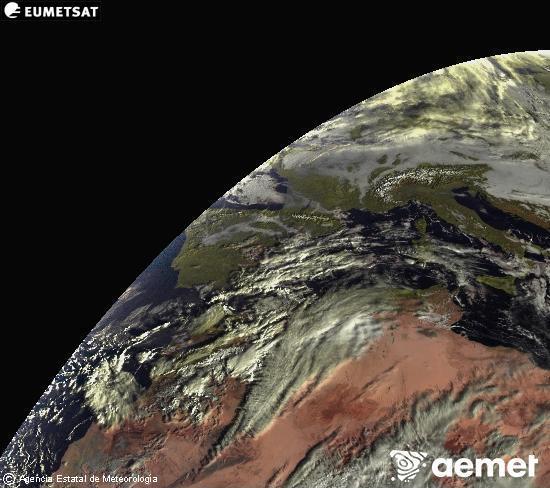 Esta imaxe xrase utilizando informacin das canles visibles do satlite METEOSAT pertencente  segunda xeracin de satlites  Meteosat (MSX). Por ese motivo, s hai informacin na zona iluminada polo sol. Ademais, as canles foron normalizadas para que o brillo non dependa da posicin do sol. domingo, 14 decembro  2025 09:00