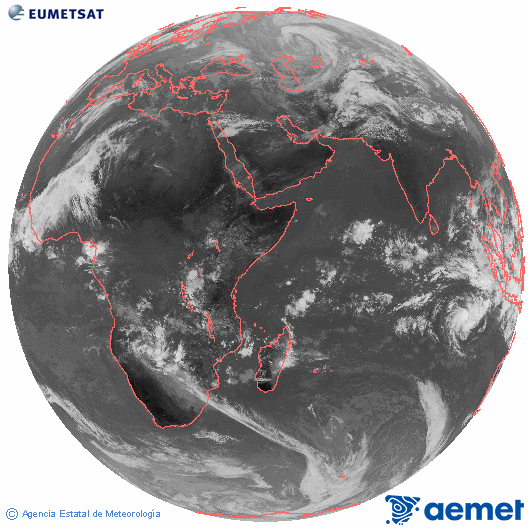 Ocano ndico. Imagen global del canal infrarrojo (10.8μm) de Meteosat, perteneciente a la serie MSG (Meteosat Segunda Generacin) y situado en 41.5° E. dimanche, 14 dcembre  2025 10:00