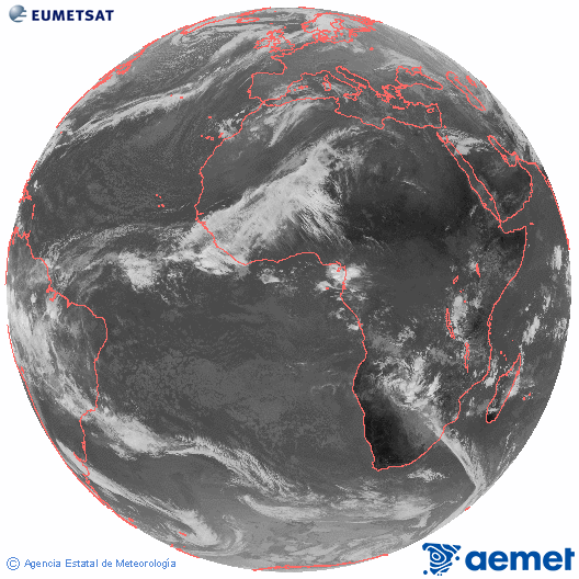 Imagen global del canal infrarrojo (10.8 μm) del satlite Meteosat, perteneciente a la serie MSG (Meteosat Segunda Generacin) y situado en 0N 0E. dimanche, 14 dcembre  2025 10:00