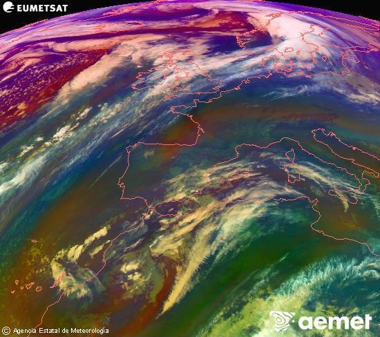 Composicin RGB na que se mesturan varias canles do satlite Meteosat operacional en 0 N 0 W, que nos d unha idea das caractersticas das masas de aire e da nebulosidade. domingo, 14 decembro  2025 11:00