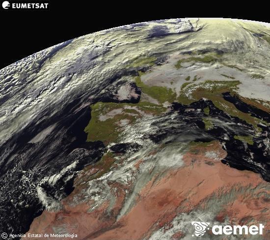 Esta imaxe xrase utilizando informacin das canles visibles do satlite METEOSAT pertencente  segunda xeracin de satlites  Meteosat (MSX). Por ese motivo, s hai informacin na zona iluminada polo sol. Ademais, as canles foron normalizadas para que o brillo non dependa da posicin do sol. domingo, 14 decembro  2025 11:00