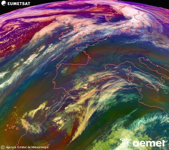 Composici RGB en la qual es barregen diversos canals del satllit Meteosat operacional en 0N 0W, que ens dna una idea de les caracterstiques de les masses d'aire i de la nuvolositat. diumenge, 14 de desembre  2025 12:00