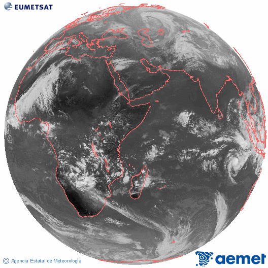 Oc�ano �ndico. Imaxe global da canle infravermella (10.8&mu;m) de Meteosat, pertencente � serie MSX (Meteosat Segunda Xeraci�n) e situado en 41.5°E.&nbsp;domingo, 14 decembro  2025 13:00