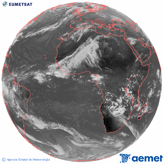 Imagen global del canal infrarrojo (10.8 μm) del satlite Meteosat, perteneciente a la serie MSG (Meteosat Segunda Generacin) y situado en 0N 0E. dimanche, 14 dcembre  2025 13:00