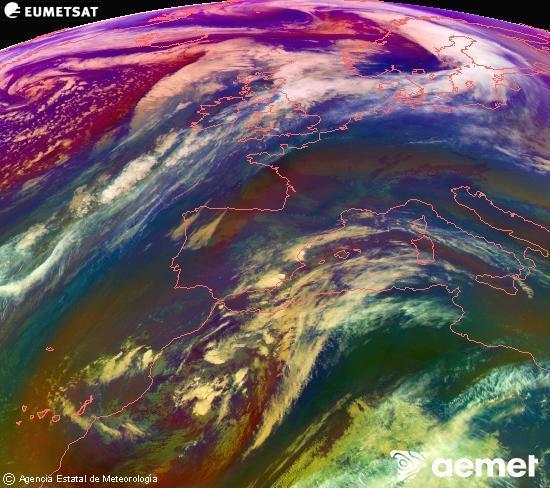 Composici RGB en la qual es barregen diversos canals del satllit Meteosat operacional en 0N 0W, que ens dna una idea de les caracterstiques de les masses d'aire i de la nuvolositat. diumenge, 14 de desembre  2025 14:00