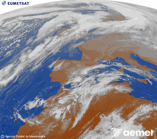 Imatge de la zona d'Europa i Nord d'frica del canal infraroig del satllit Meteosat operacional en 0N 0W, processada per a donar-li color. diumenge, 14 de desembre  2025 14:00