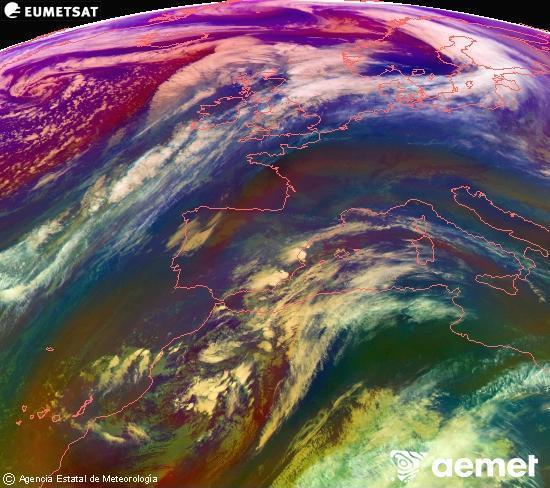 Composici RGB en la qual es barregen diversos canals del satllit Meteosat operacional en 0N 0W, que ens dna una idea de les caracterstiques de les masses d'aire i de la nuvolositat. diumenge, 14 de desembre  2025 15:00