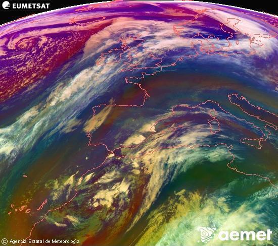 Composici RGB en la qual es barregen diversos canals del satllit Meteosat operacional en 0N 0W, que ens dna una idea de les caracterstiques de les masses d'aire i de la nuvolositat. diumenge, 14 de desembre  2025 16:00