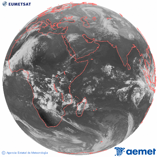 Oc�ano �ndico. Imaxe global da canle infravermella (10.8&mu;m) de Meteosat, pertencente � serie MSX (Meteosat Segunda Xeraci�n) e situado en 41.5°E.&nbsp;domingo, 14 decembro  2025 16:00