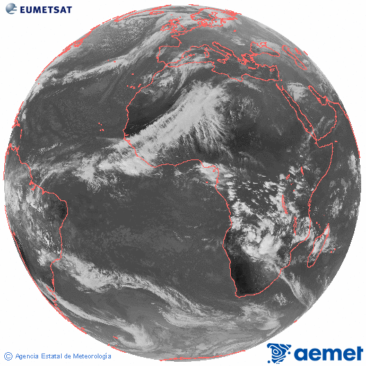 Imagen global del canal infrarrojo (10.8 μm) del satlite Meteosat, perteneciente a la serie MSG (Meteosat Segunda Generacin) y situado en 0N 0E. dimanche, 14 dcembre  2025 16:00