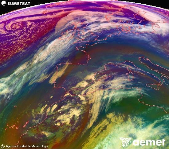 Composici RGB en la qual es barregen diversos canals del satllit Meteosat operacional en 0N 0W, que ens dna una idea de les caracterstiques de les masses d'aire i de la nuvolositat. diumenge, 14 de desembre  2025 17:00