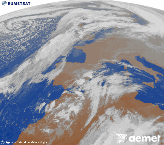Imatge de la zona d'Europa i Nord d'frica del canal infraroig del satllit Meteosat operacional en 0N 0W, processada per a donar-li color. diumenge, 14 de desembre  2025 18:00