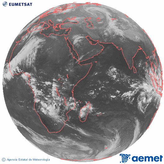 Oce� �ndic. Imatge global del canal infraroig (10.8&mu;m) de Meteosat, que pertany a la s�rie MSG (Meteosat Segona Generaci�) i est� situat a 41.5°E.&nbsp;diumenge, 14 de desembre  2025 19:00