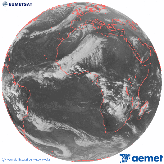 Imagen global del canal infrarrojo (10.8 &mu;m) del sat�lite Meteosat, perteneciente a la serie MSG (Meteosat Segunda Generaci�n) y situado en 0�N 0�E.&nbsp;dimanche, 14 d�cembre  2025 19:00