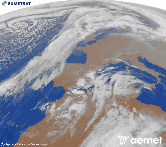 Imatge de la zona d'Europa i Nord d'frica del canal infraroig del satllit Meteosat operacional en 0N 0W, processada per a donar-li color. diumenge, 14 de desembre  2025 20:00