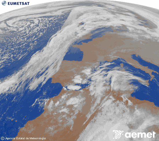 Imatge de la zona d'Europa i Nord d'frica del canal infraroig del satllit Meteosat operacional en 0N 0W, processada per a donar-li color. diumenge, 14 de desembre  2025 21:00