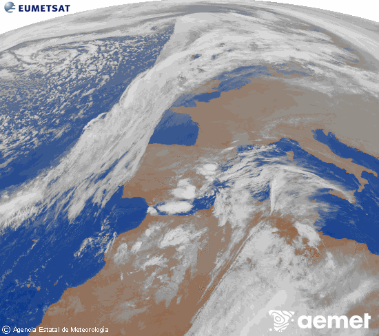 Imatge de la zona d'Europa i Nord d'frica del canal infraroig del satllit Meteosat operacional en 0N 0W, processada per a donar-li color. diumenge, 14 de desembre  2025 22:00