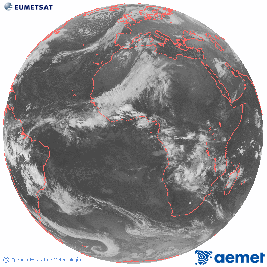 Imagen global del canal infrarrojo (10.8 &mu;m) del sat�lite Meteosat, perteneciente a la serie MSG (Meteosat Segunda Generaci�n) y situado en 0�N 0�E.&nbsp;dimanche, 14 d�cembre  2025 22:00