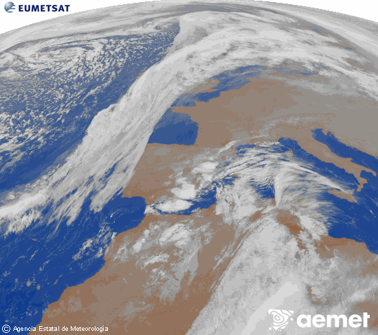 Imatge de la zona d'Europa i Nord d'frica del canal infraroig del satllit Meteosat operacional en 0N 0W, processada per a donar-li color. diumenge, 14 de desembre  2025 23:00