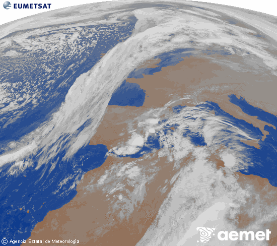Imatge de la zona d'Europa i Nord d'�frica del canal infraroig del sat�l�lit Meteosat operacional en 0�N 0�W, processada per a donar-li color.&nbsp;dilluns, 15 de desembre  2025 00:00