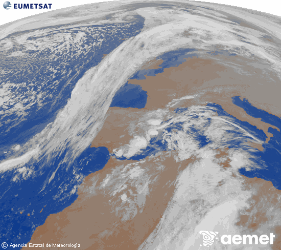 Imatge de la zona d'Europa i Nord d'�frica del canal infraroig del sat�l�lit Meteosat operacional en 0�N 0�W, processada per a donar-li color.&nbsp;dilluns, 15 de desembre  2025 01:00