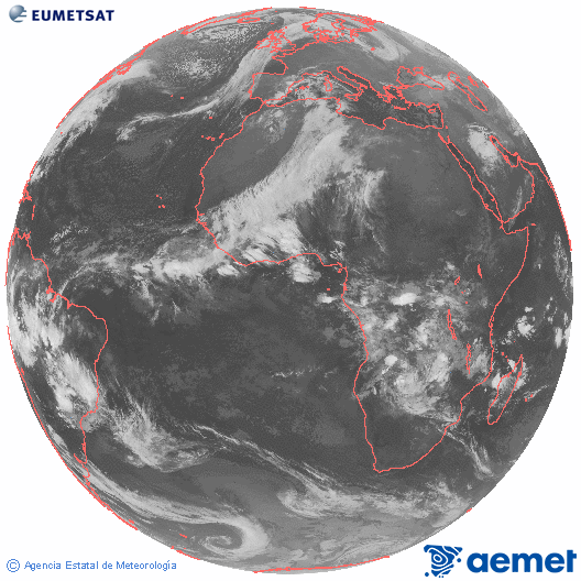 Imagen global del canal infrarrojo (10.8 &mu;m) del sat�lite Meteosat, perteneciente a la serie MSG (Meteosat Segunda Generaci�n) y situado en 0�N 0�E.&nbsp;lundi, 15 d�cembre  2025 01:00