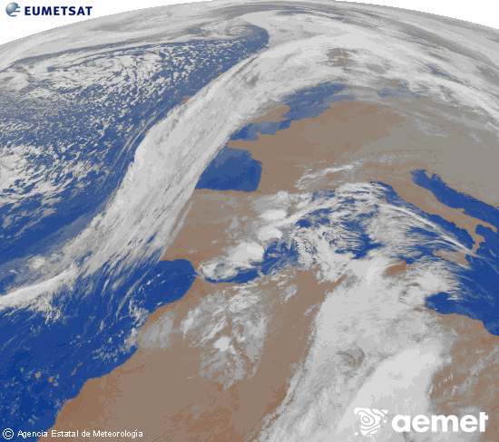 Imatge de la zona d'Europa i Nord d'�frica del canal infraroig del sat�l�lit Meteosat operacional en 0�N 0�W, processada per a donar-li color.&nbsp;dilluns, 15 de desembre  2025 02:00