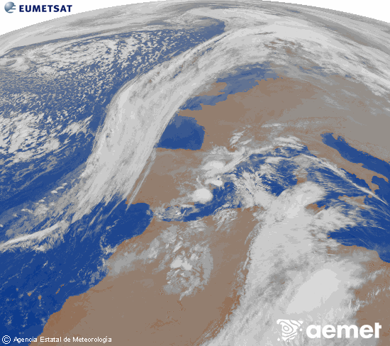Imatge de la zona d'Europa i Nord d'�frica del canal infraroig del sat�l�lit Meteosat operacional en 0�N 0�W, processada per a donar-li color.&nbsp;dilluns, 15 de desembre  2025 04:00