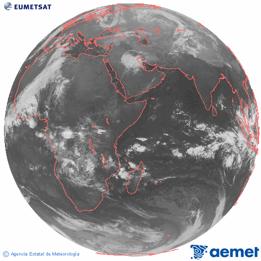 Oc�ano �ndico. Imaxe global da canle infravermella (10.8&mu;m) de Meteosat, pertencente � serie MSX (Meteosat Segunda Xeraci�n) e situado en 41.5°E.&nbsp;luns, 15 decembro  2025 04:00