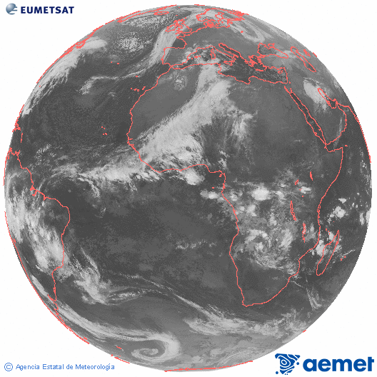 Imagen global del canal infrarrojo (10.8 &mu;m) del sat�lite Meteosat, perteneciente a la serie MSG (Meteosat Segunda Generaci�n) y situado en 0�N 0�E.&nbsp;lundi, 15 d�cembre  2025 04:00