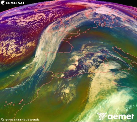 RGB composition where several channels of satellite Meteosat operational in 0� N 0� W are mixed, providing air mass and cloudiness features.&nbsp;Monday, 15 December  2025 06:00