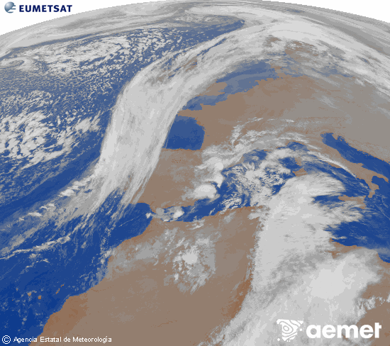 Imatge de la zona d'Europa i Nord d'�frica del canal infraroig del sat�l�lit Meteosat operacional en 0�N 0�W, processada per a donar-li color.&nbsp;dilluns, 15 de desembre  2025 06:00