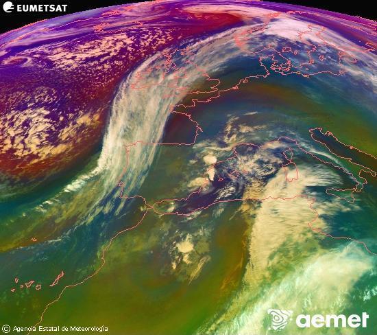 RGB composition where several channels of satellite Meteosat operational in 0� N 0� W are mixed, providing air mass and cloudiness features.&nbsp;Monday, 15 December  2025 07:00