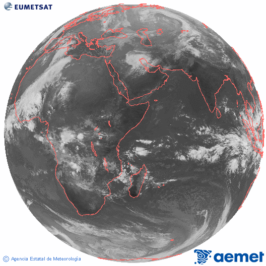 Oc�ano �ndico. Imaxe global da canle infravermella (10.8&mu;m) de Meteosat, pertencente � serie MSX (Meteosat Segunda Xeraci�n) e situado en 41.5°E.&nbsp;luns, 15 decembro  2025 07:00
