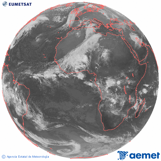Imagen global del canal infrarrojo (10.8 &mu;m) del sat�lite Meteosat, perteneciente a la serie MSG (Meteosat Segunda Generaci�n) y situado en 0�N 0�E.&nbsp;lundi, 15 d�cembre  2025 07:00