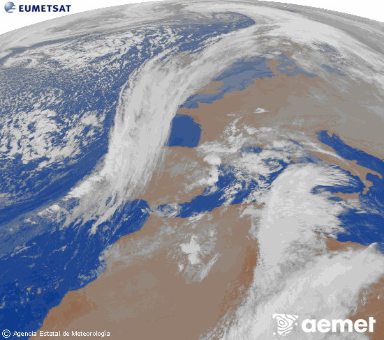 Imatge de la zona d'Europa i Nord d'�frica del canal infraroig del sat�l�lit Meteosat operacional en 0�N 0�W, processada per a donar-li color.&nbsp;dilluns, 15 de desembre  2025 08:00