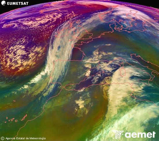 RGB composition where several channels of satellite Meteosat operational in 0� N 0� W are mixed, providing air mass and cloudiness features.&nbsp;Monday, 15 December  2025 09:00