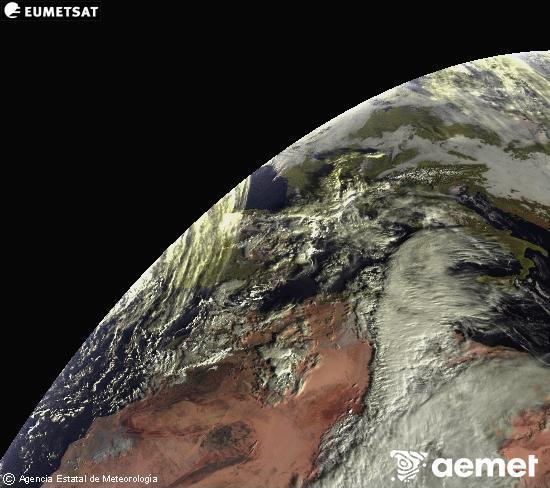 Esta imagen se genera utilizando informaci�n de los canales visibles del sat�lite METEOSAT perteneciente a la segunda generaci�n de sat�lites Meteosat (MSG). Por ese motivo, s�lo hay informaci�n en la zona iluminada por el sol. Adem�s, los canales han sido normalizados para que el brillo no dependa de la posici�n del sol.&nbsp;Monday, 15 December  2025 09:00