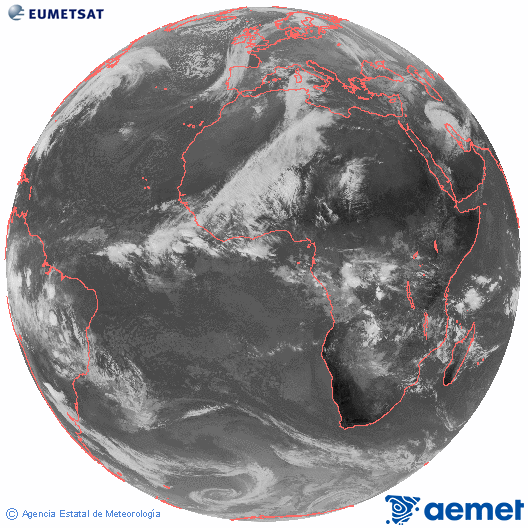 Imagen global del canal infrarrojo (10.8 &mu;m) del sat�lite Meteosat, perteneciente a la serie MSG (Meteosat Segunda Generaci�n) y situado en 0�N 0�E.&nbsp;lundi, 15 d�cembre  2025 10:00