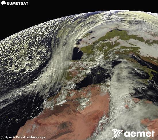 Esta imagen se genera utilizando informaci�n de los canales visibles del sat�lite METEOSAT perteneciente a la segunda generaci�n de sat�lites Meteosat (MSG). Por ese motivo, s�lo hay informaci�n en la zona iluminada por el sol. Adem�s, los canales han sido normalizados para que el brillo no dependa de la posici�n del sol.&nbsp;Monday, 15 December  2025 11:00