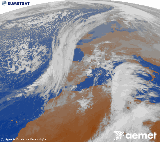 Imatge de la zona d'Europa i Nord d'�frica del canal infraroig del sat�l�lit Meteosat operacional en 0�N 0�W, processada per a donar-li color.&nbsp;dilluns, 15 de desembre  2025 11:00