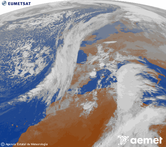Imatge de la zona d'Europa i Nord d'�frica del canal infraroig del sat�l�lit Meteosat operacional en 0�N 0�W, processada per a donar-li color.&nbsp;dilluns, 15 de desembre  2025 12:00