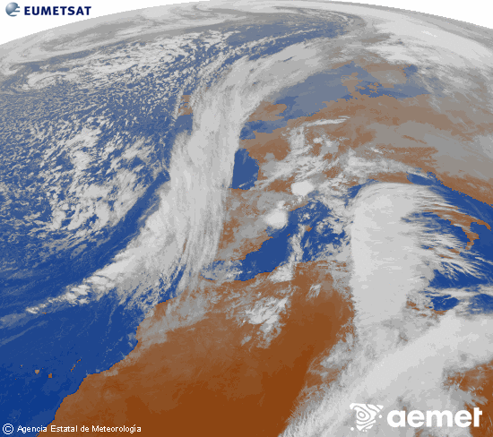 Imatge de la zona d'Europa i Nord d'�frica del canal infraroig del sat�l�lit Meteosat operacional en 0�N 0�W, processada per a donar-li color.&nbsp;dilluns, 15 de desembre  2025 13:00