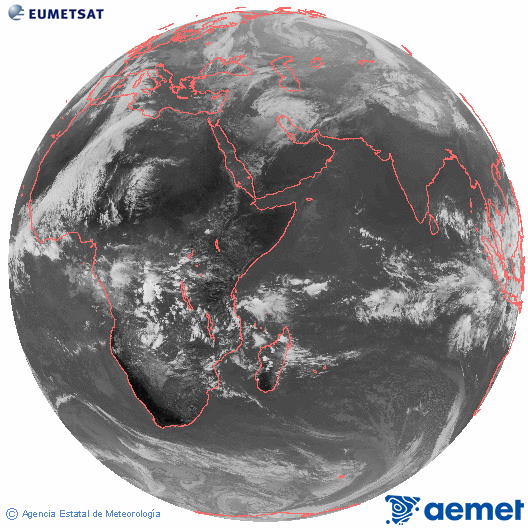 Oc�ano �ndico. Imaxe global da canle infravermella (10.8&mu;m) de Meteosat, pertencente � serie MSX (Meteosat Segunda Xeraci�n) e situado en 41.5°E.&nbsp;luns, 15 decembro  2025 13:00
