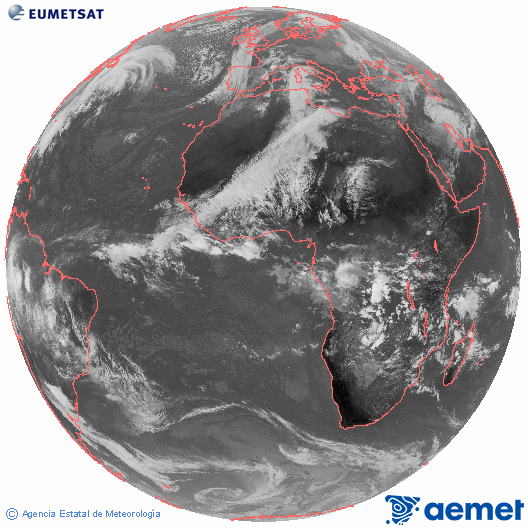 Imagen global del canal infrarrojo (10.8 &mu;m) del sat�lite Meteosat, perteneciente a la serie MSG (Meteosat Segunda Generaci�n) y situado en 0�N 0�E.&nbsp;lundi, 15 d�cembre  2025 13:00