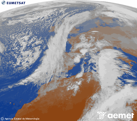 Imatge de la zona d'Europa i Nord d'�frica del canal infraroig del sat�l�lit Meteosat operacional en 0�N 0�W, processada per a donar-li color.&nbsp;dilluns, 15 de desembre  2025 14:00